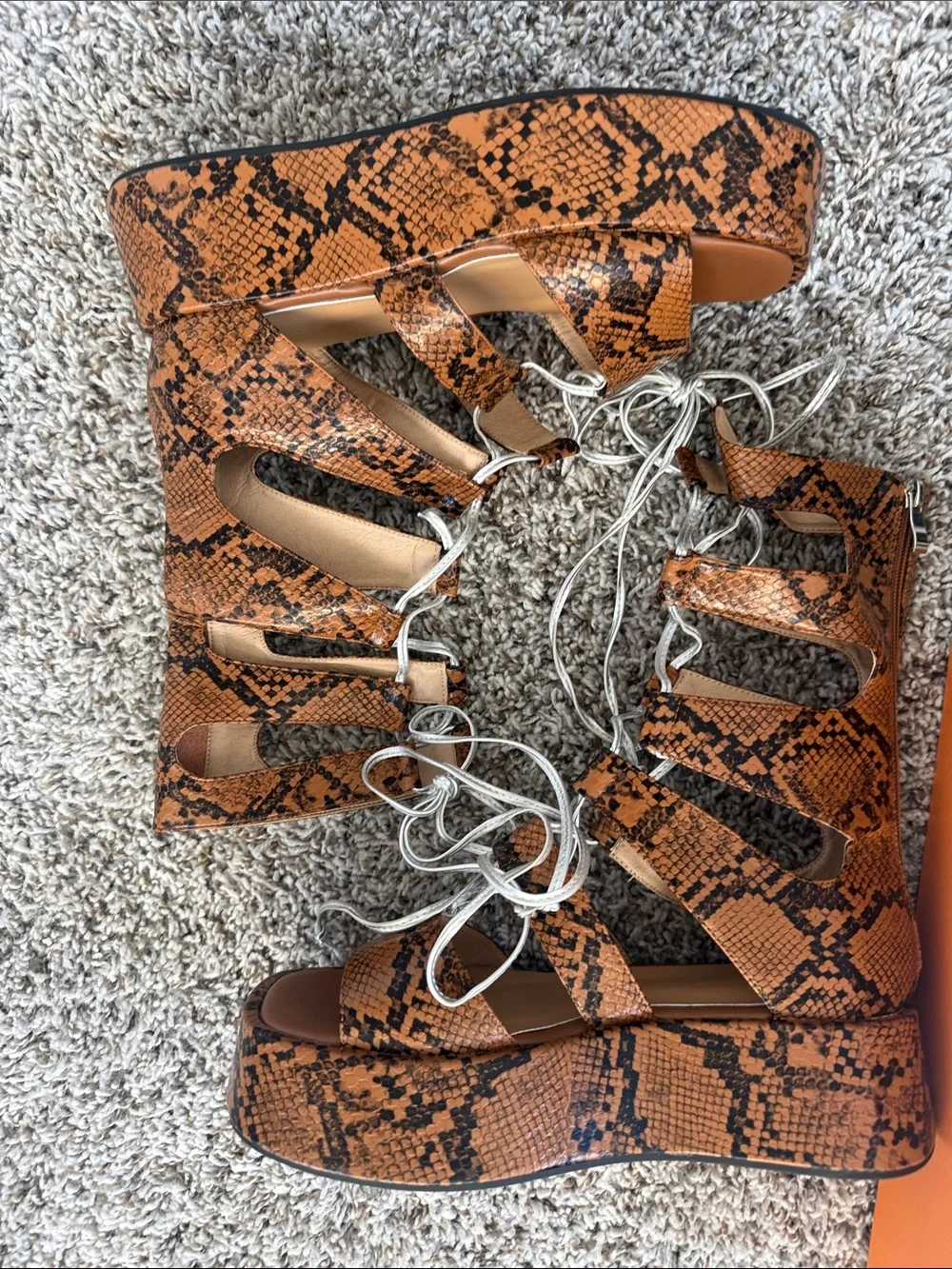 Brown Snake-Print Lace-Up Platform Gladiator Sandals